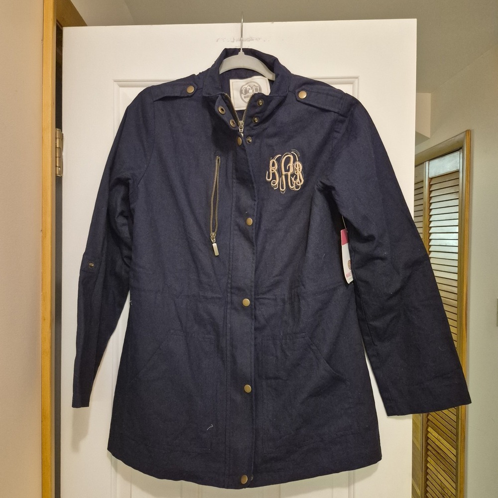 Marleylilly Navy Blue Monogrammed Field Jacket Womens Large Cotton Utility Coat